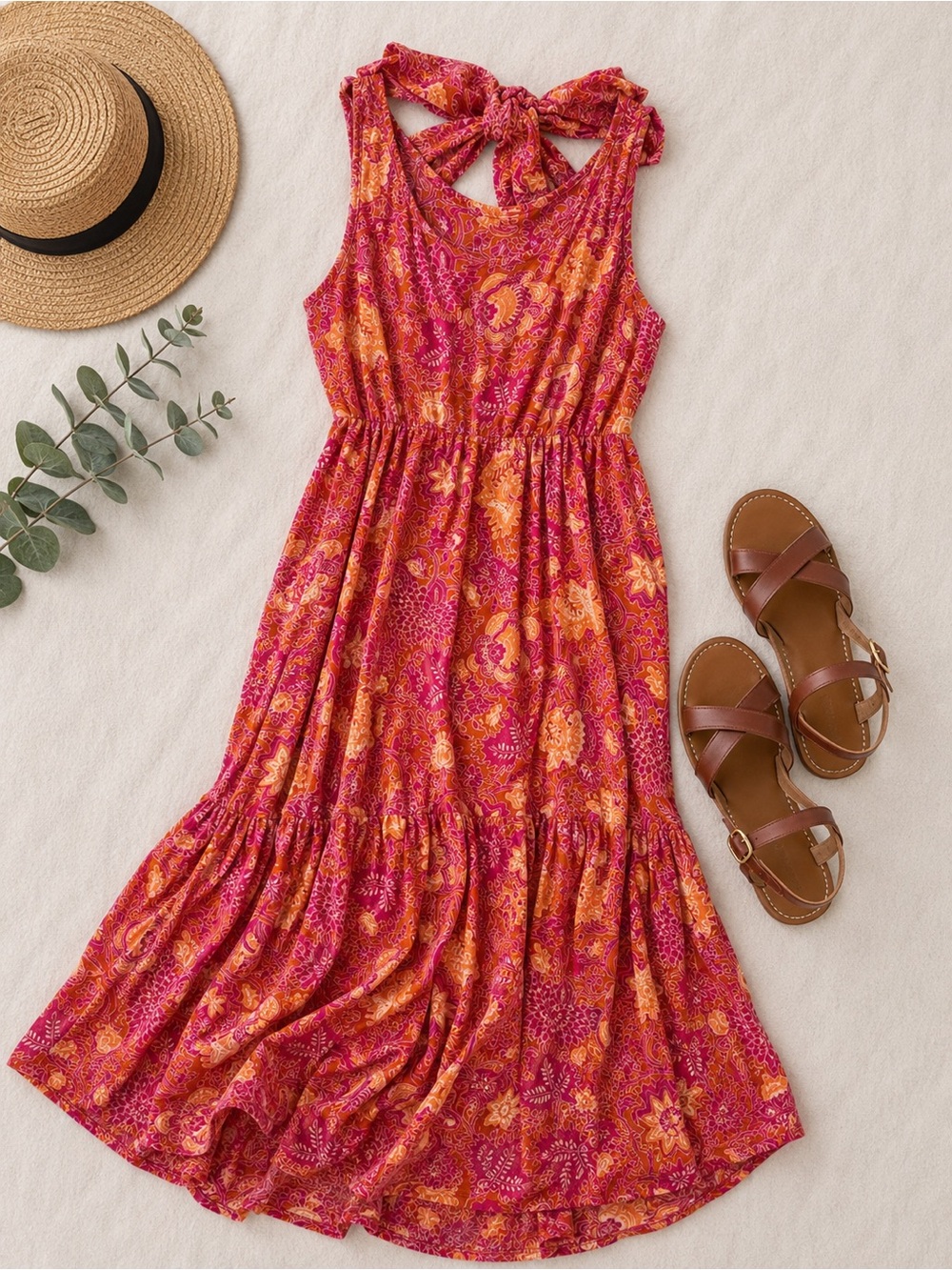 Sleeveless Pink & Orange Floral Tie-Back Maxi Dress